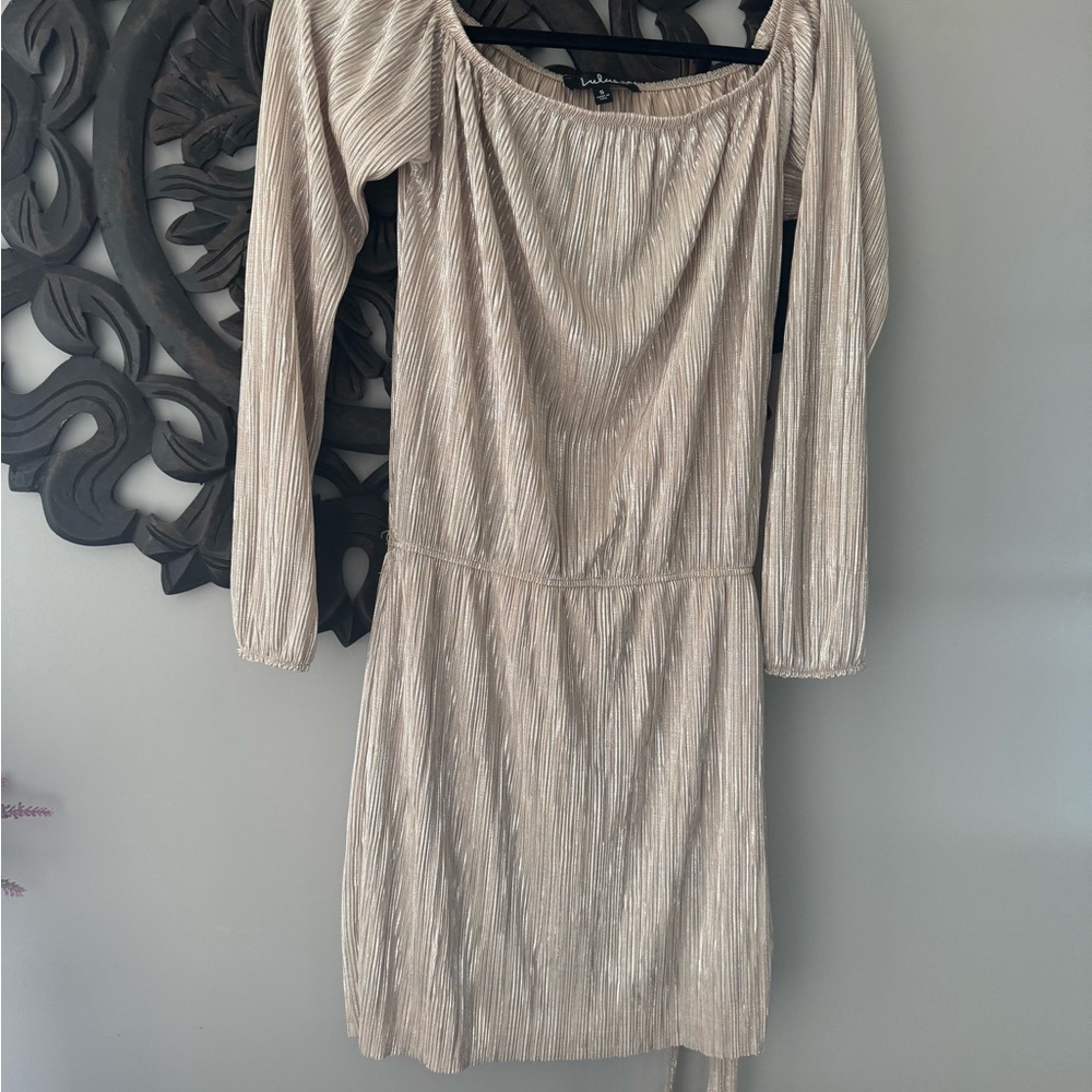 Lulu's Shimmering Beige Long Sleeve Dress